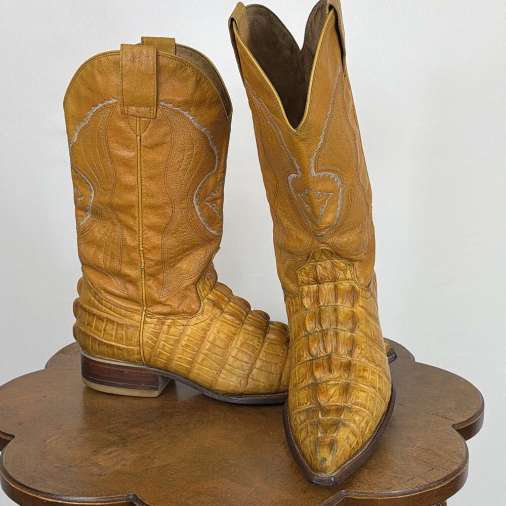 Cactus Jacks Yellow Alligator Print Western Boots Contrast Stitching Men's 8 Mex